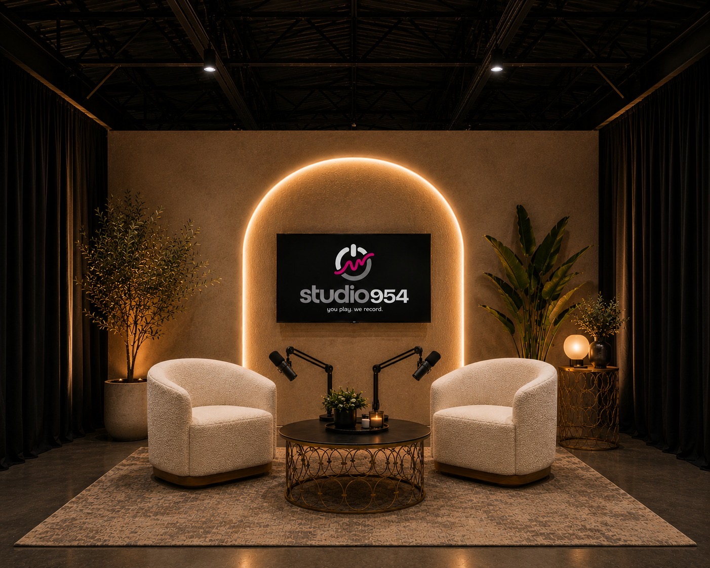 3D rendering of the studio954 podcast lounge — twin chairs, dual boom-arm mics and the logo on screen under an arched accent light